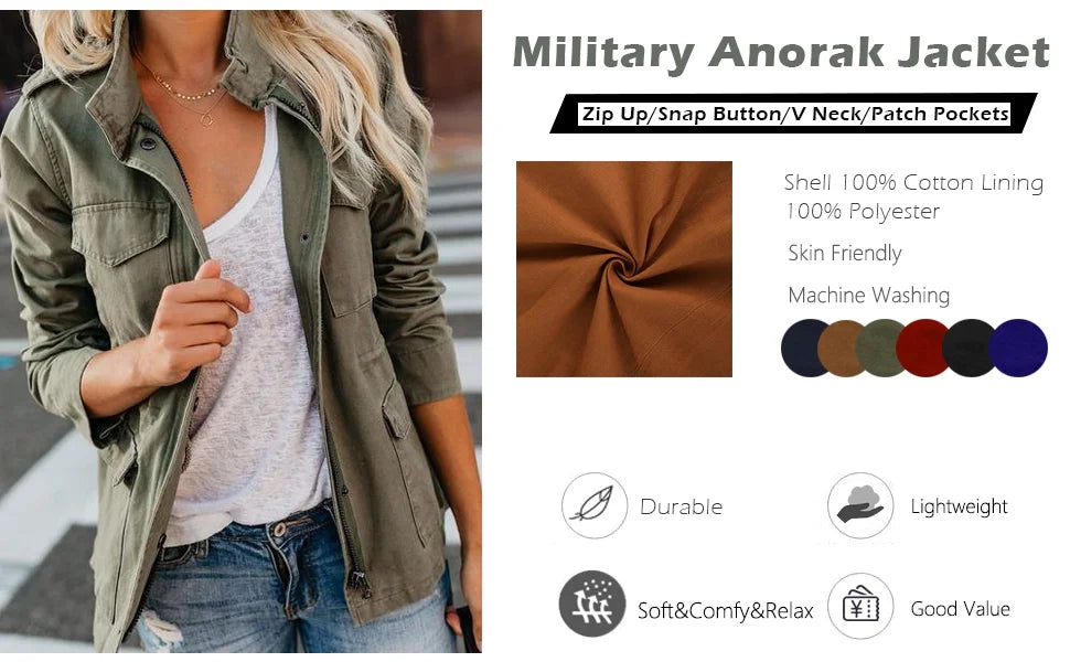 Women Military Utility Anorak Coat Zip Up Lightweight Jacket with Pockets B60077