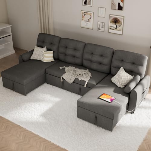 Dark Grey Linen Sectional Sleeper Sofa with Storage Chaise V348111