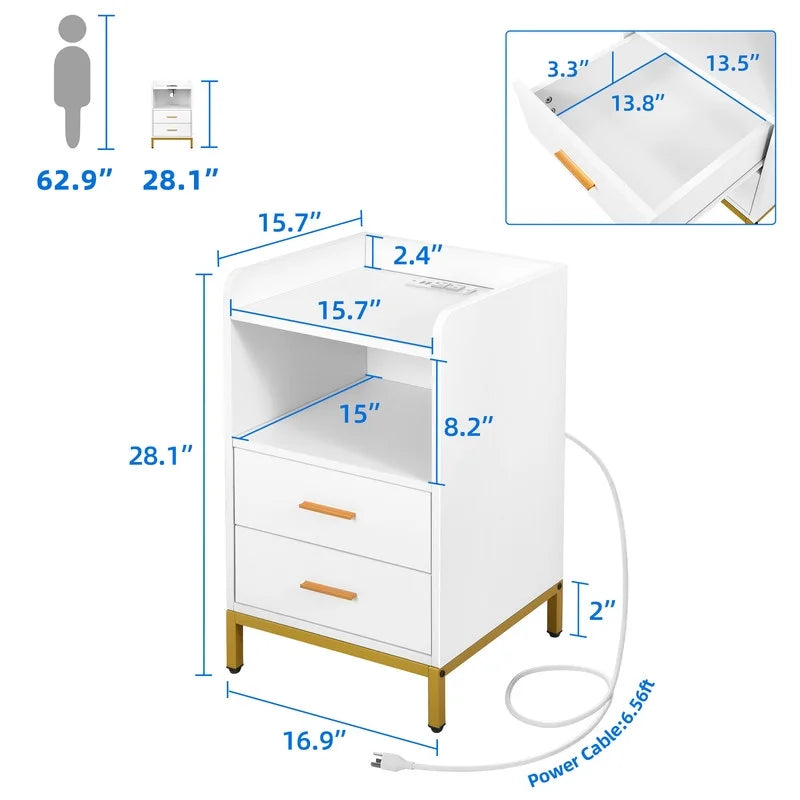 White Wooden Night Stand with Charging Station and Drawers G14334