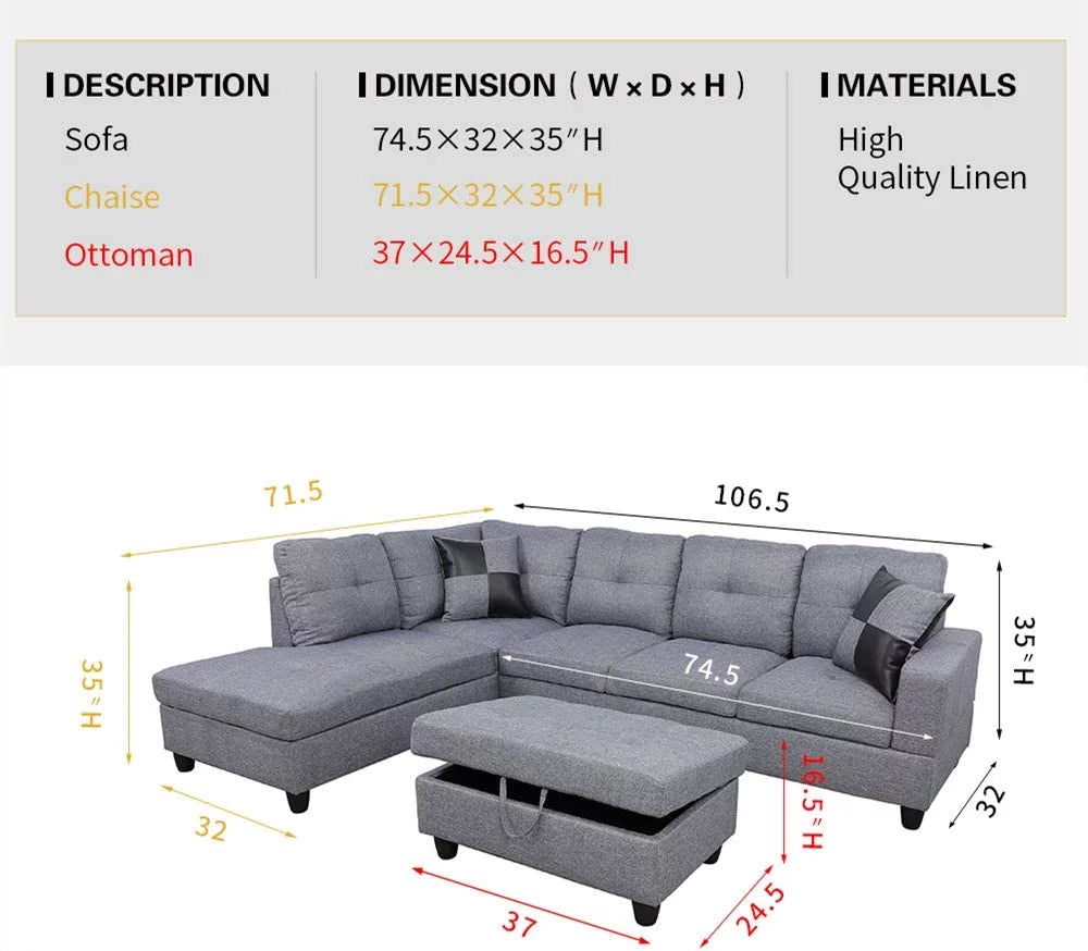 3 PCS L-Shaped Sectional Couch Sofa Set Linen Fabric with Storage Ottoman T14543