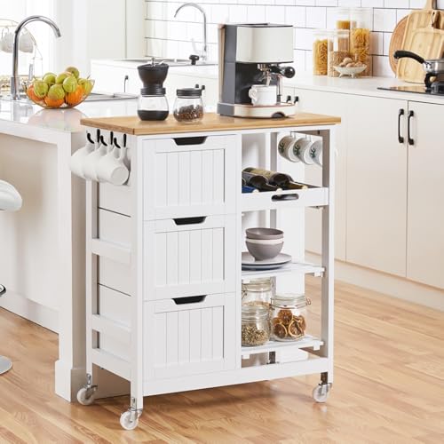 White Kitchen Island Cart on Wheels with Bamboo Countertop C757420