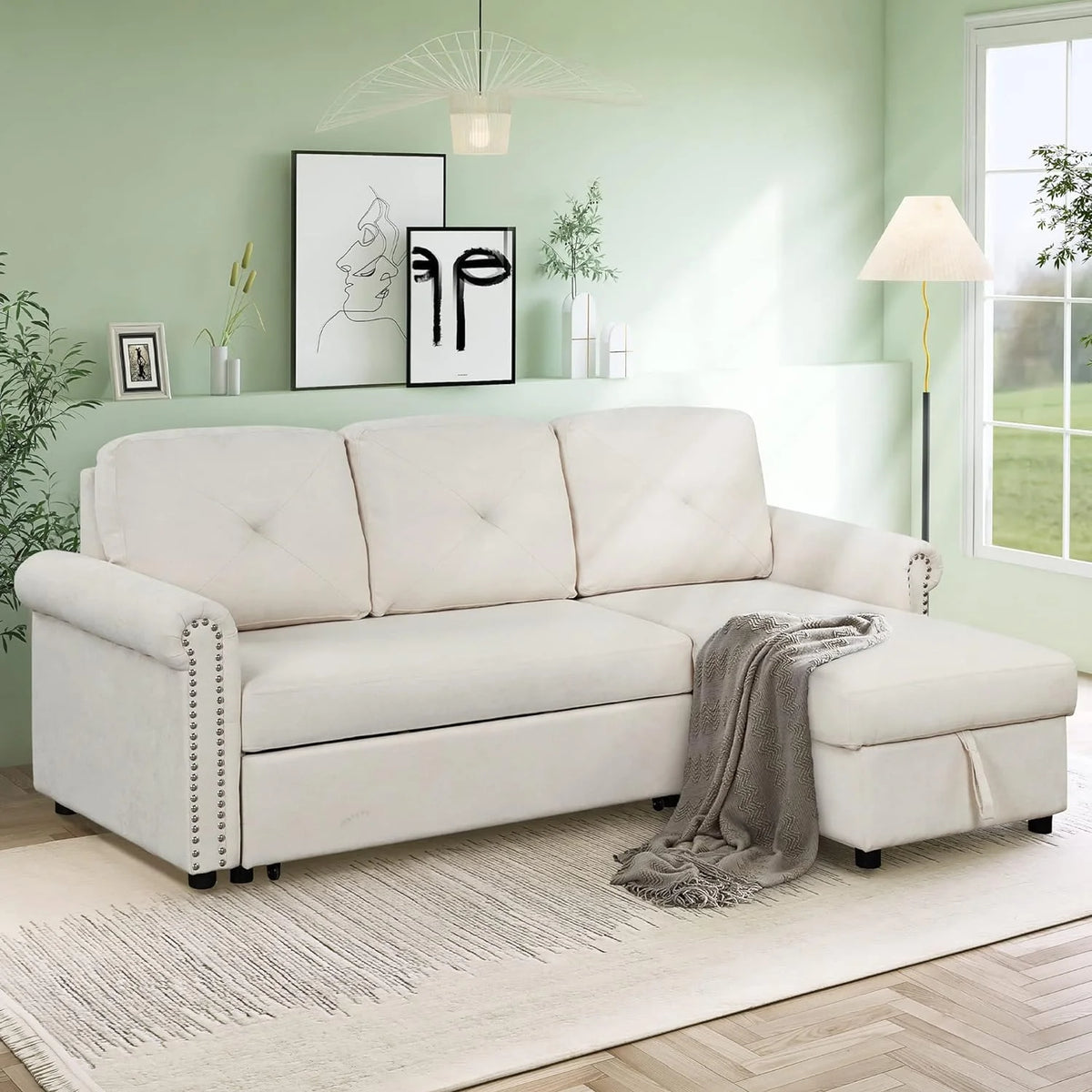 Beige L-Shape Convertible Sleeper Sofa Bed with Storage Chaise S293759
