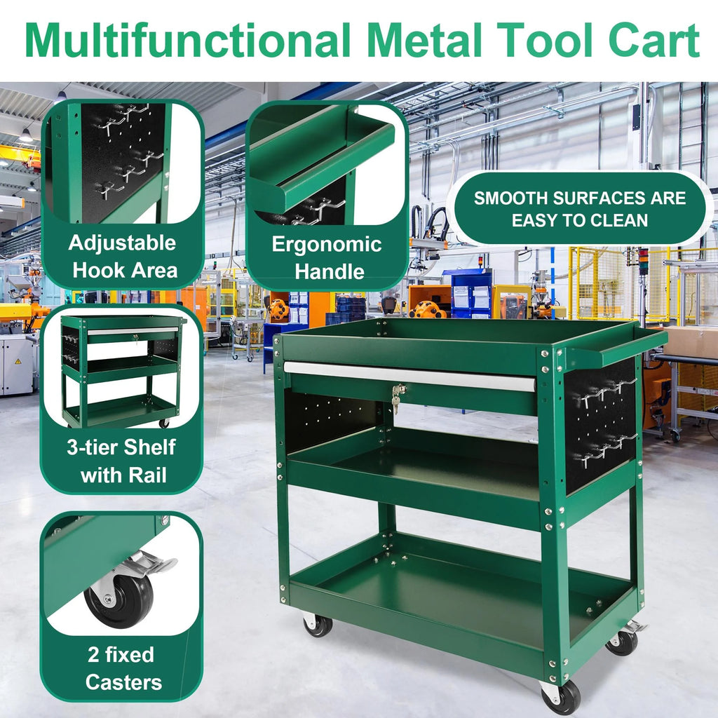 Rolling Tool Cart with Drawer, 3 Tray, 6 Side Hooks B46092