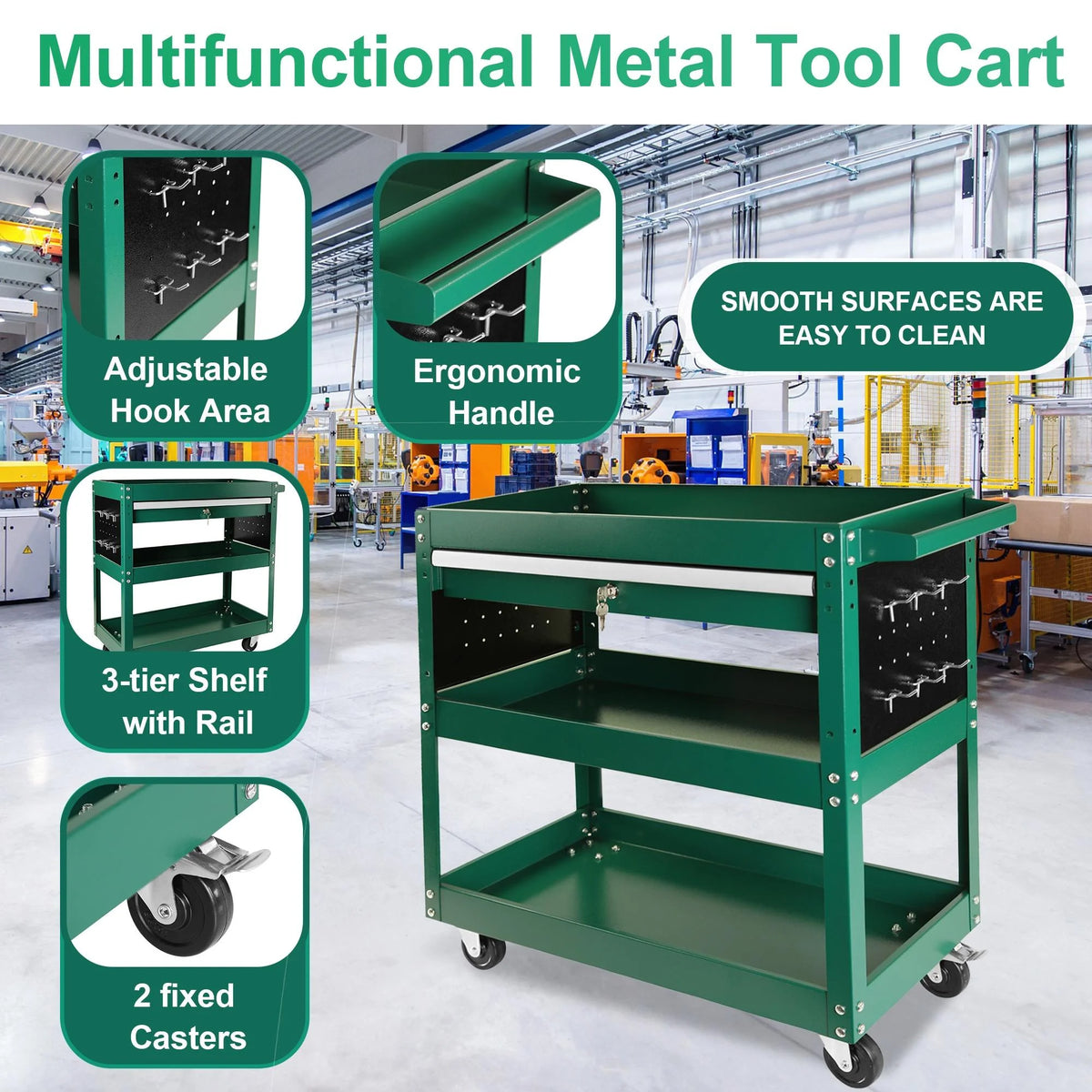 Rolling Tool Cart with Drawer, 3 Tray, 6 Side Hooks B46092