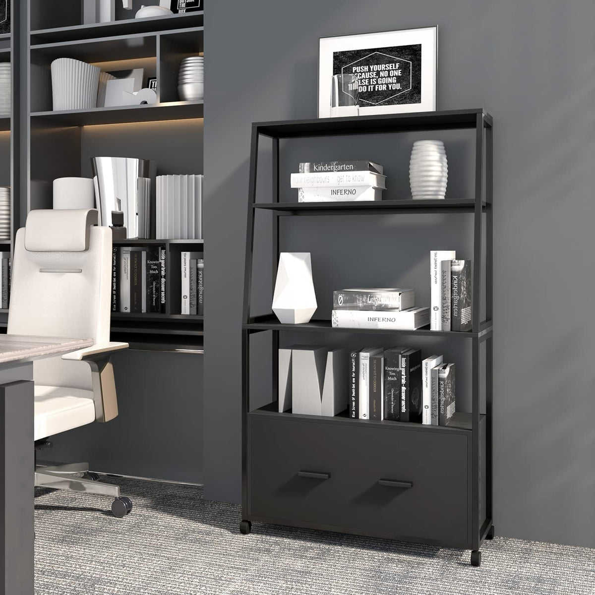 Black Rolling File Cabinet with Drawer P374