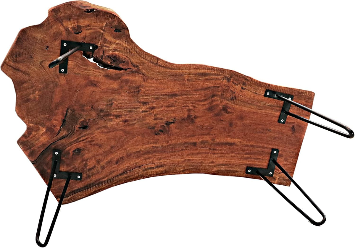 Natural Wood Edge Teak Coffee Table with Clear Lacquer Finish and Metal Hairpin Legs G64618