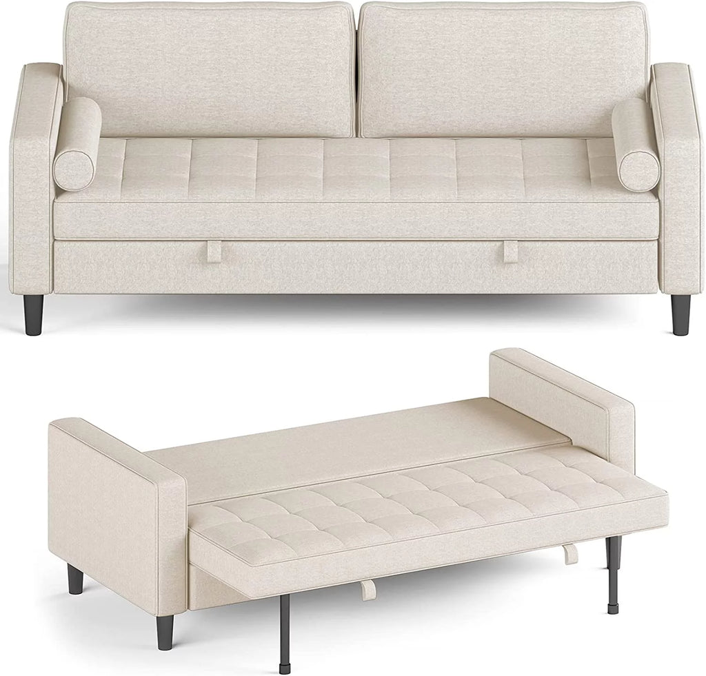 83" Convertible Sleeper Sofa Bed Linen Fabric Beige B2974