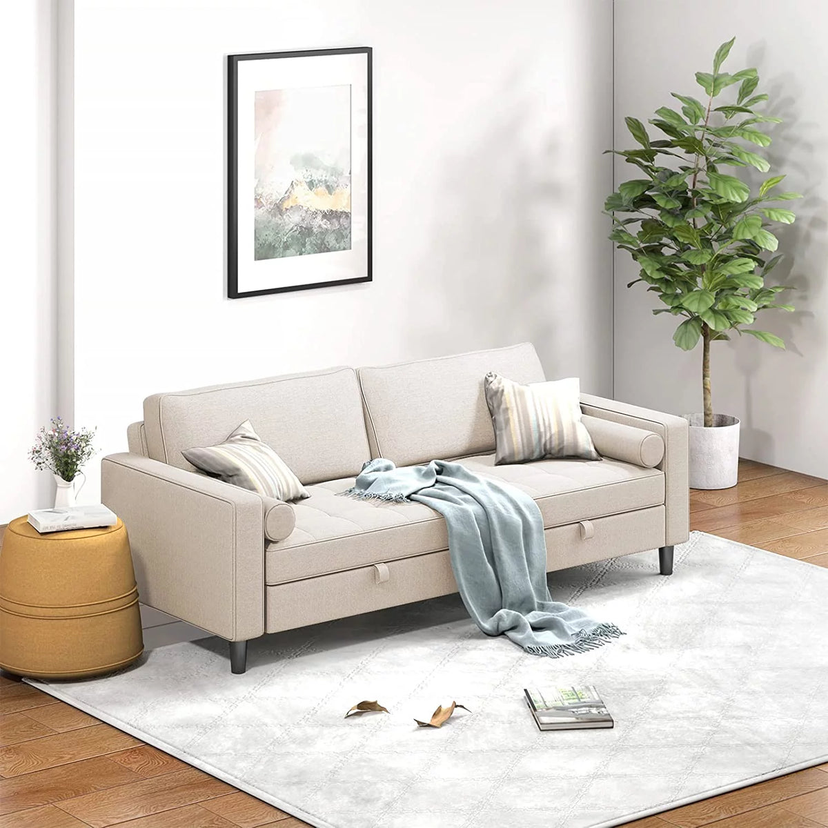 83" Convertible Sleeper Sofa Bed Linen Fabric Beige B2974