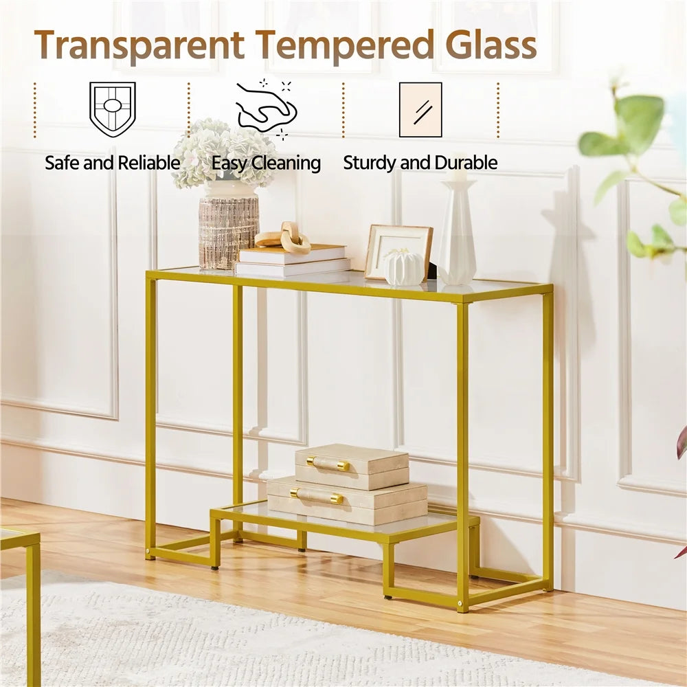 Gold Tempered Glass Console Table with Metal Frame V909252