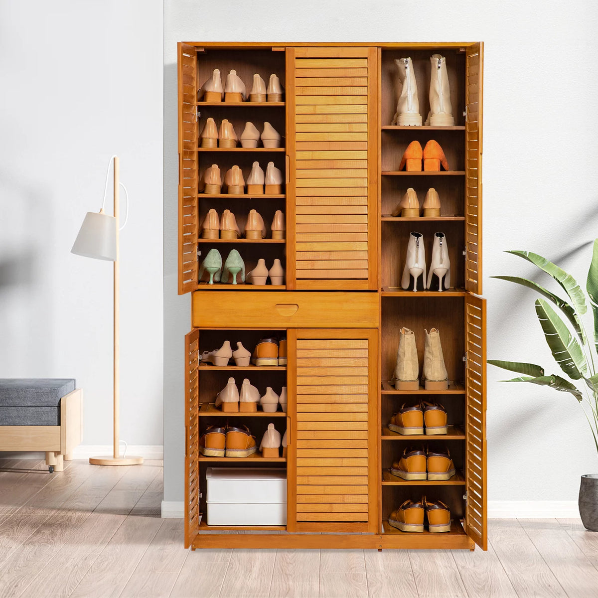 Bamboo 10 Tiers 1 Drawer Shoes Cabinet with Shutter Doors B1182