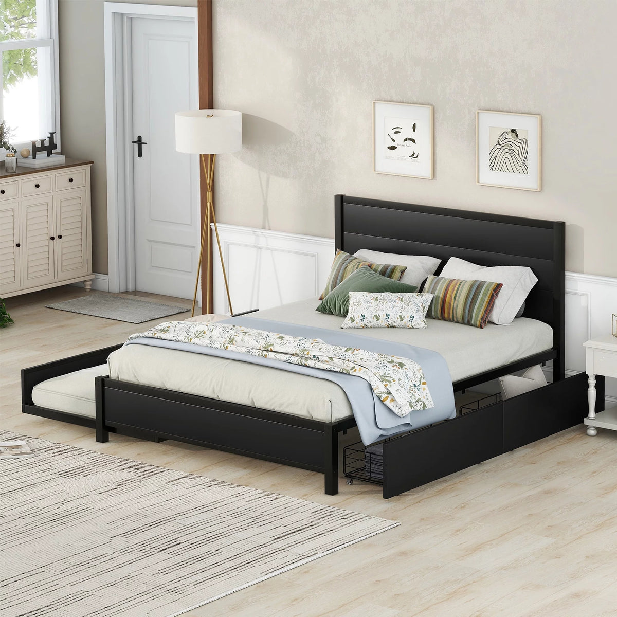 Queen Metal Wood Platform Bed with Trundle and 2 Drawers C89957