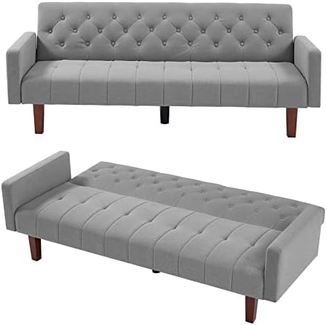 Blue Tufted Linen Futon Sofa Bed Twin Size with Solid Wood Legs S6322