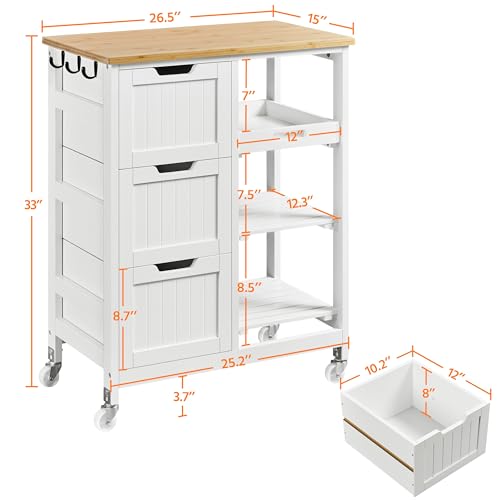 White Kitchen Island Cart on Wheels with Bamboo Countertop C757420