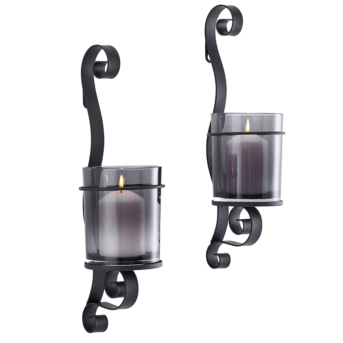 Vintage Black Wall Sconce Candle Holder Set of 2 with Smoke Glass M34910