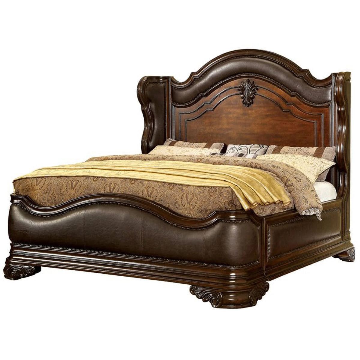 Brown Cherry Faux Leather Cal King Wingback Bed P355