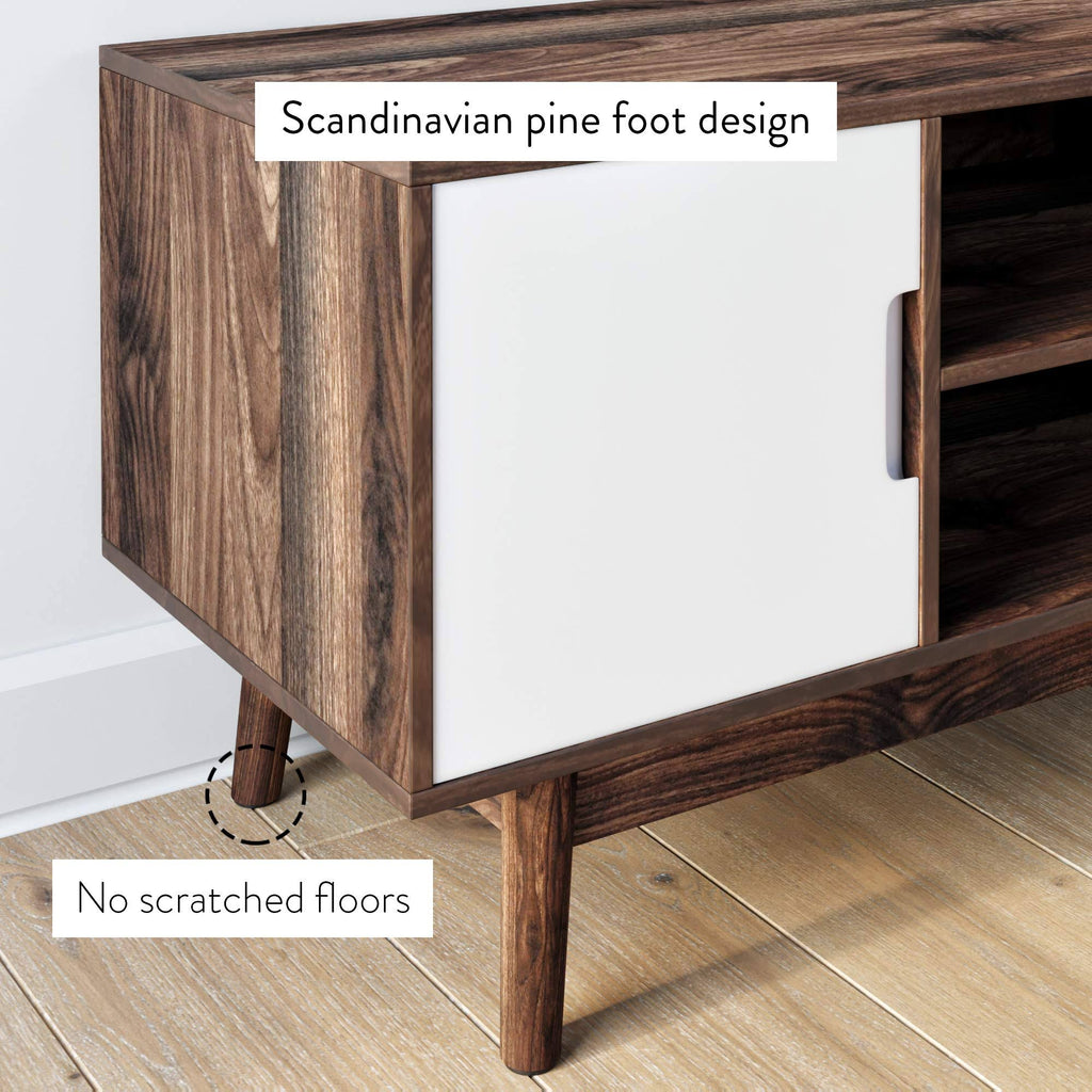 Brown Scandinavian TV Stand with White Cabinet Doors Y546
