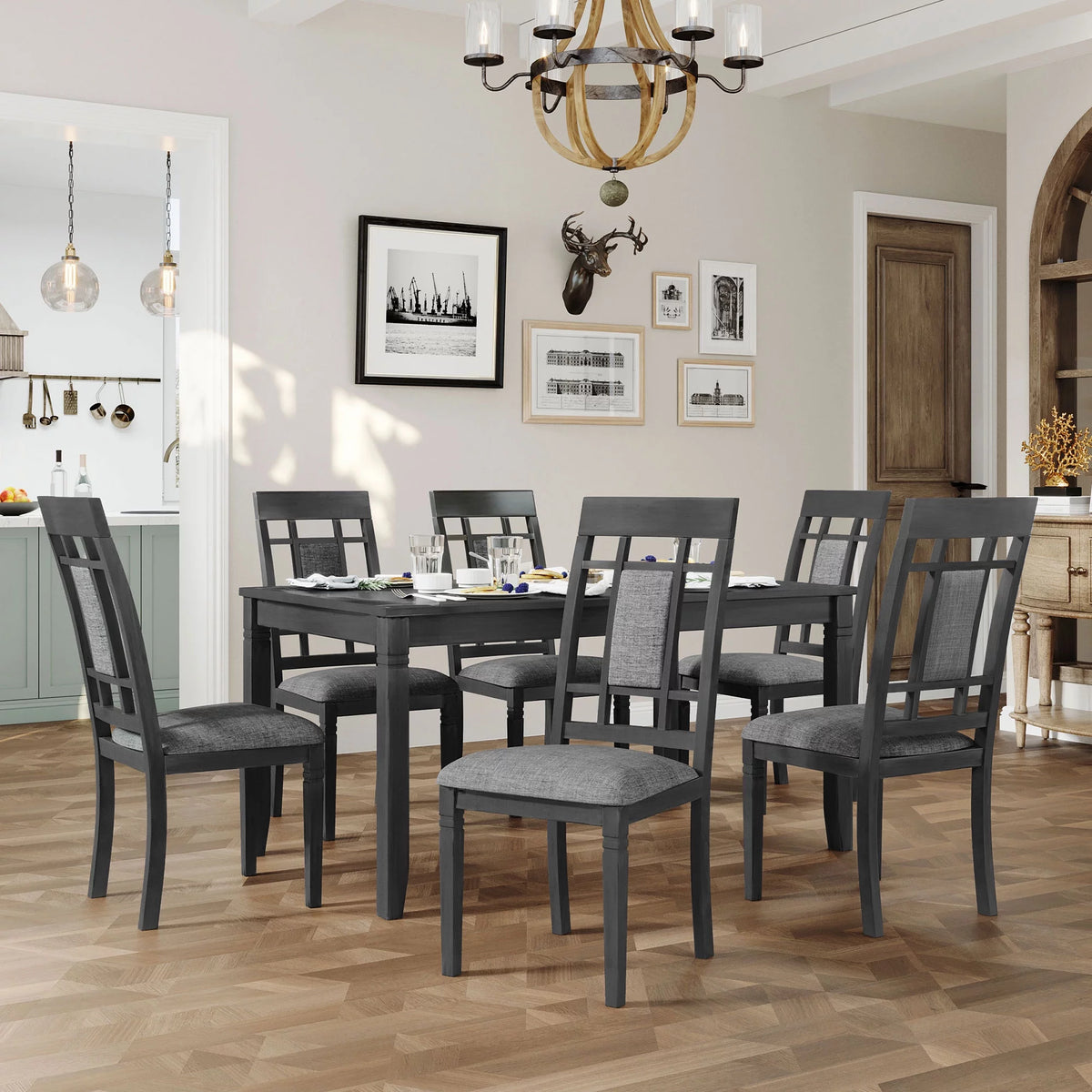 7 Pcs Dining Table and Chair Set with 6 Upholstered Chairs T61566