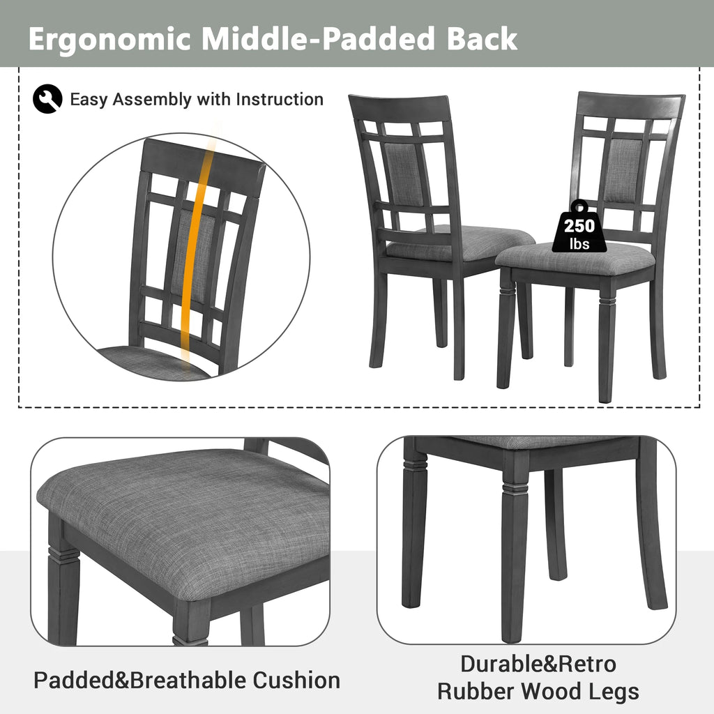 7 Pcs Dining Table and Chair Set with 6 Upholstered Chairs T61566