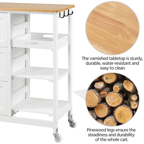 White Kitchen Island Cart on Wheels with Bamboo Countertop C757420