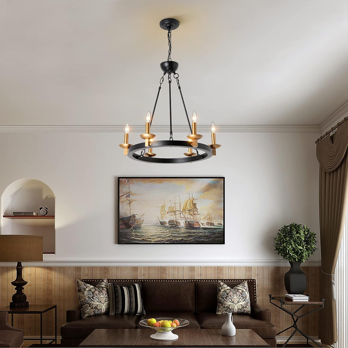 Black 6-Lights Round Wagon Wheel Chandelier L474771