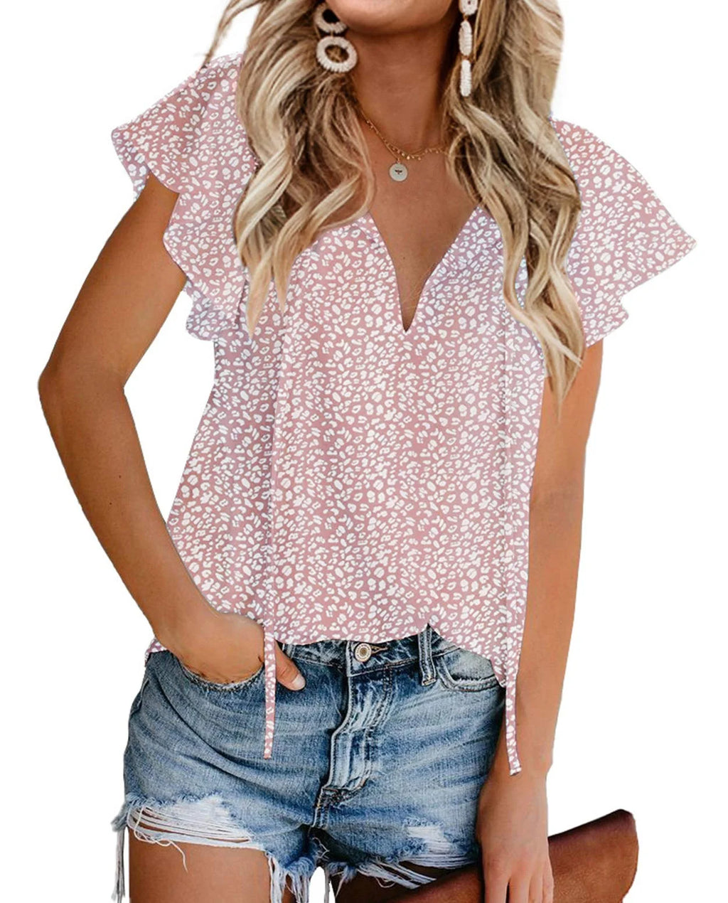 Floral Print V Neck Ruffle Short Sleeve Shirts H9627