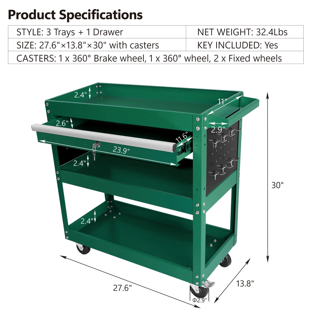 Rolling Tool Cart with Drawer, 3 Tray, 6 Side Hooks B46092