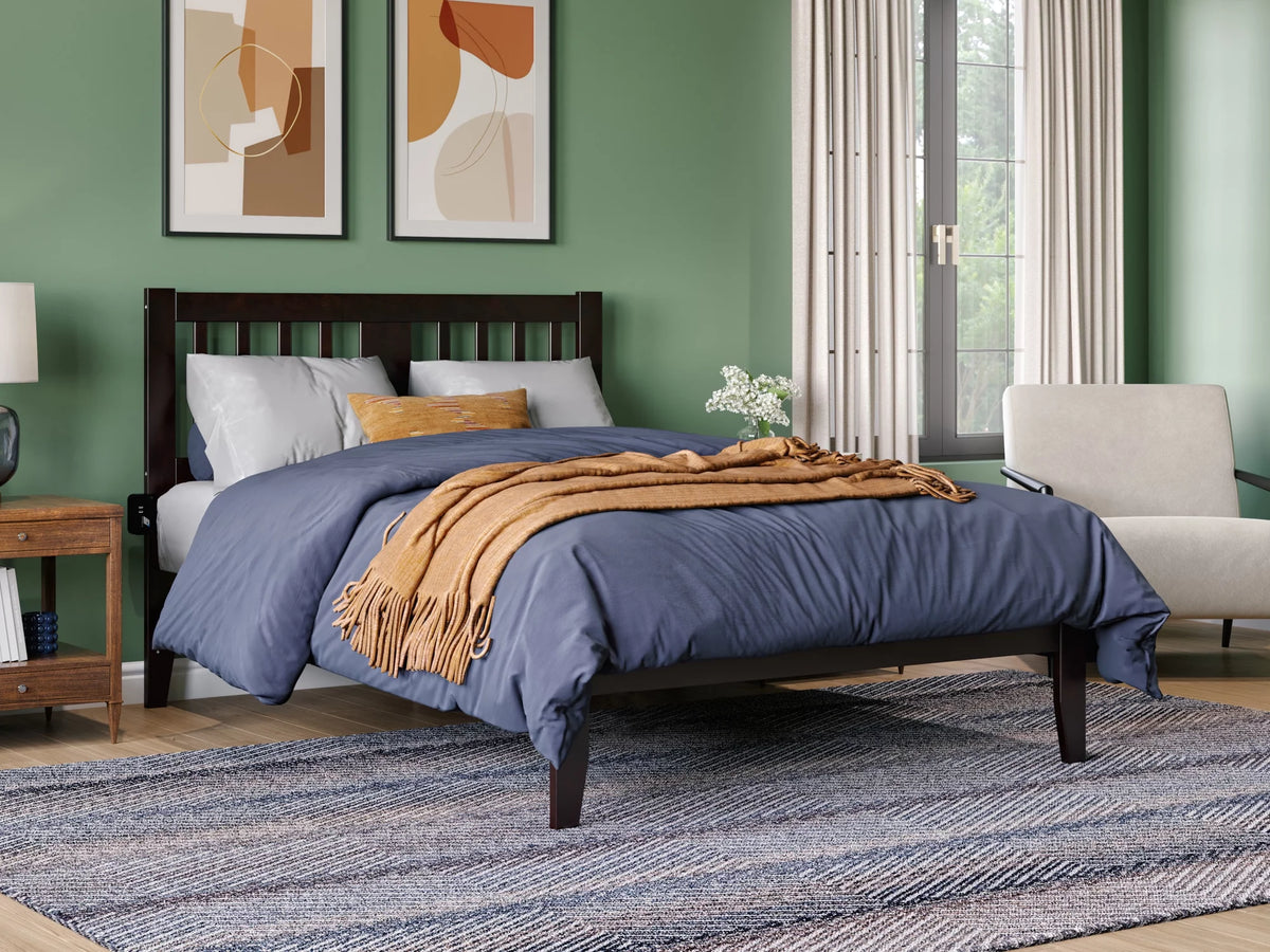 Espresso Full Wood Platform Bed Frame with Slatted Headboard Q4268