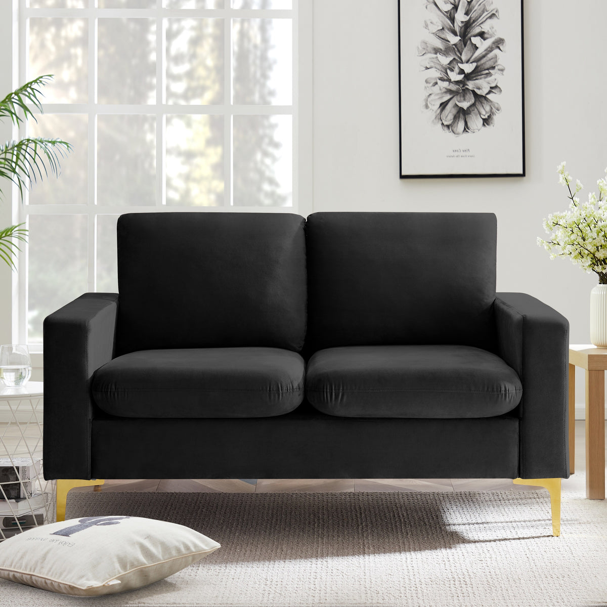 Orange Velvet Loveseat With Gold Metal Legs Square Armrest Small Sofa Couch L747093