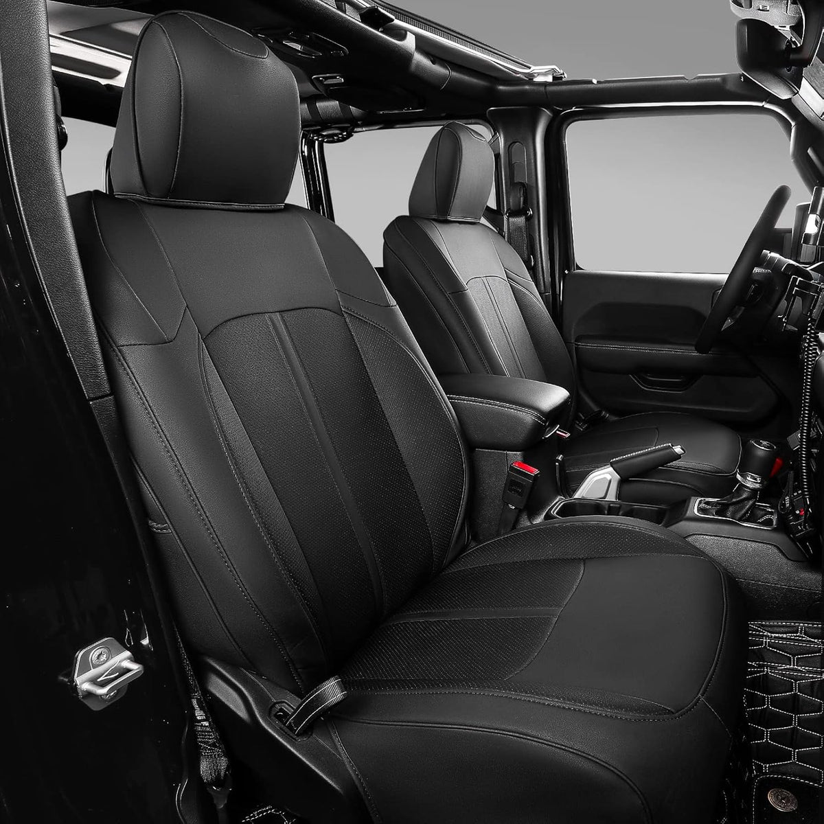 Black+Red PU Leather Seat Covers for Jeep Wrangler JK 4 Door, Pack of 2 H8354