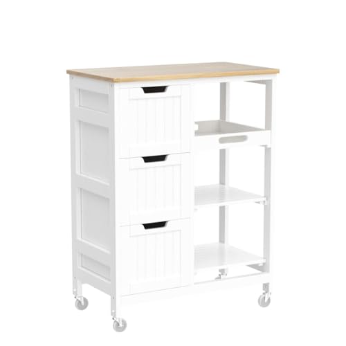 White Kitchen Island Cart on Wheels with Bamboo Countertop C757420