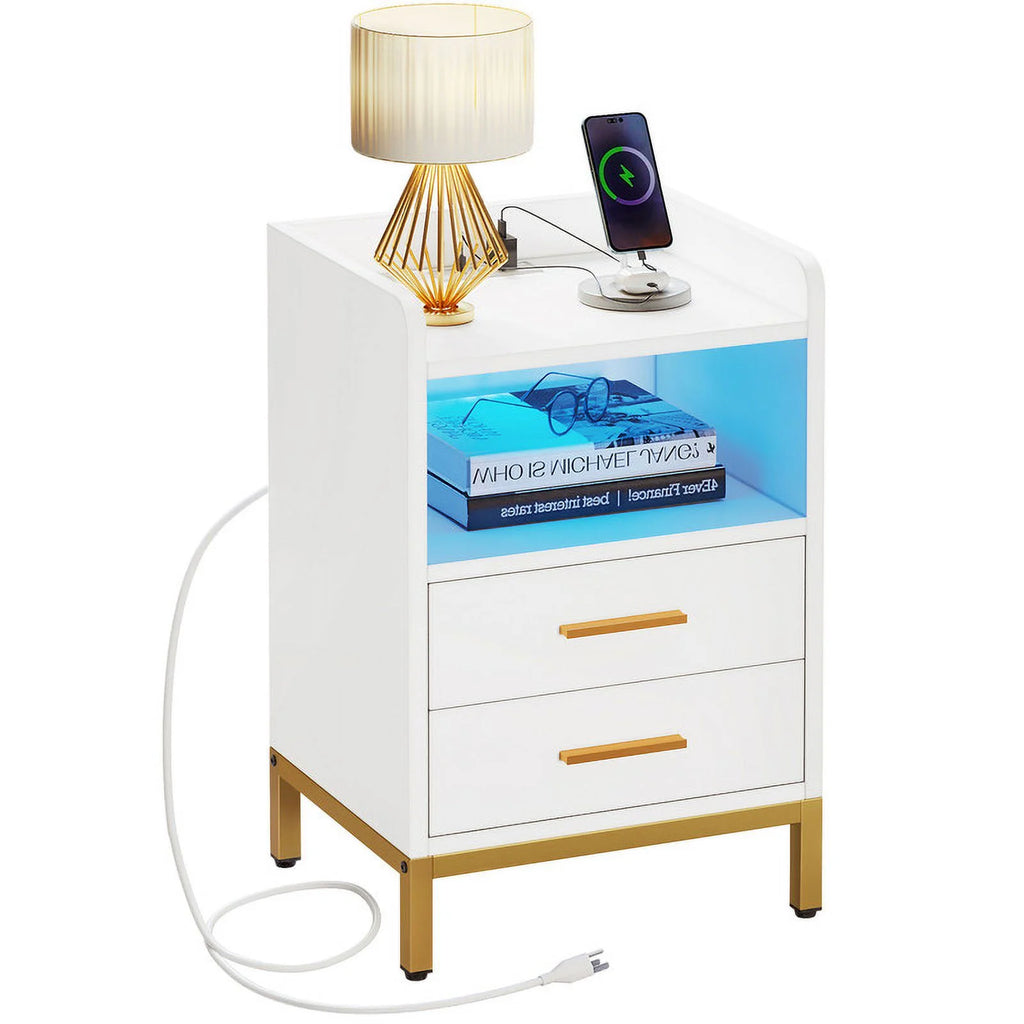 White Wooden Night Stand with Charging Station and Drawers G14334