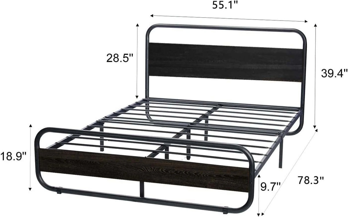 Queen Size Metal Platform Bed Frame with Wooden Headboard D637399