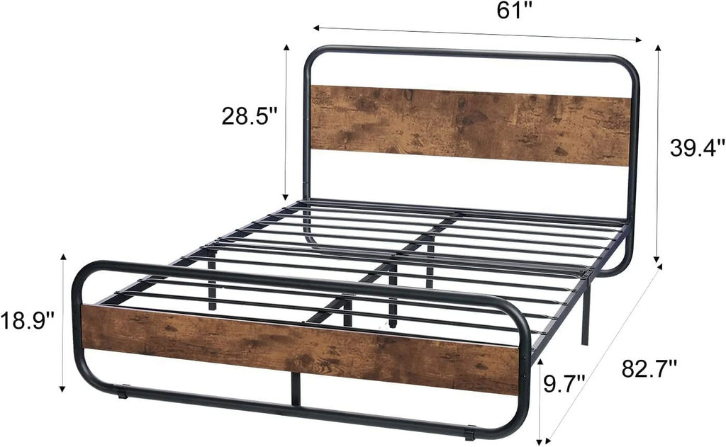 Queen Size Metal Platform Bed Frame with Wooden Headboard D637399