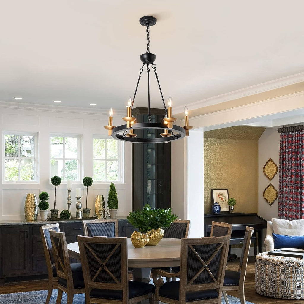 Black 6-Lights Round Wagon Wheel Chandelier L474771