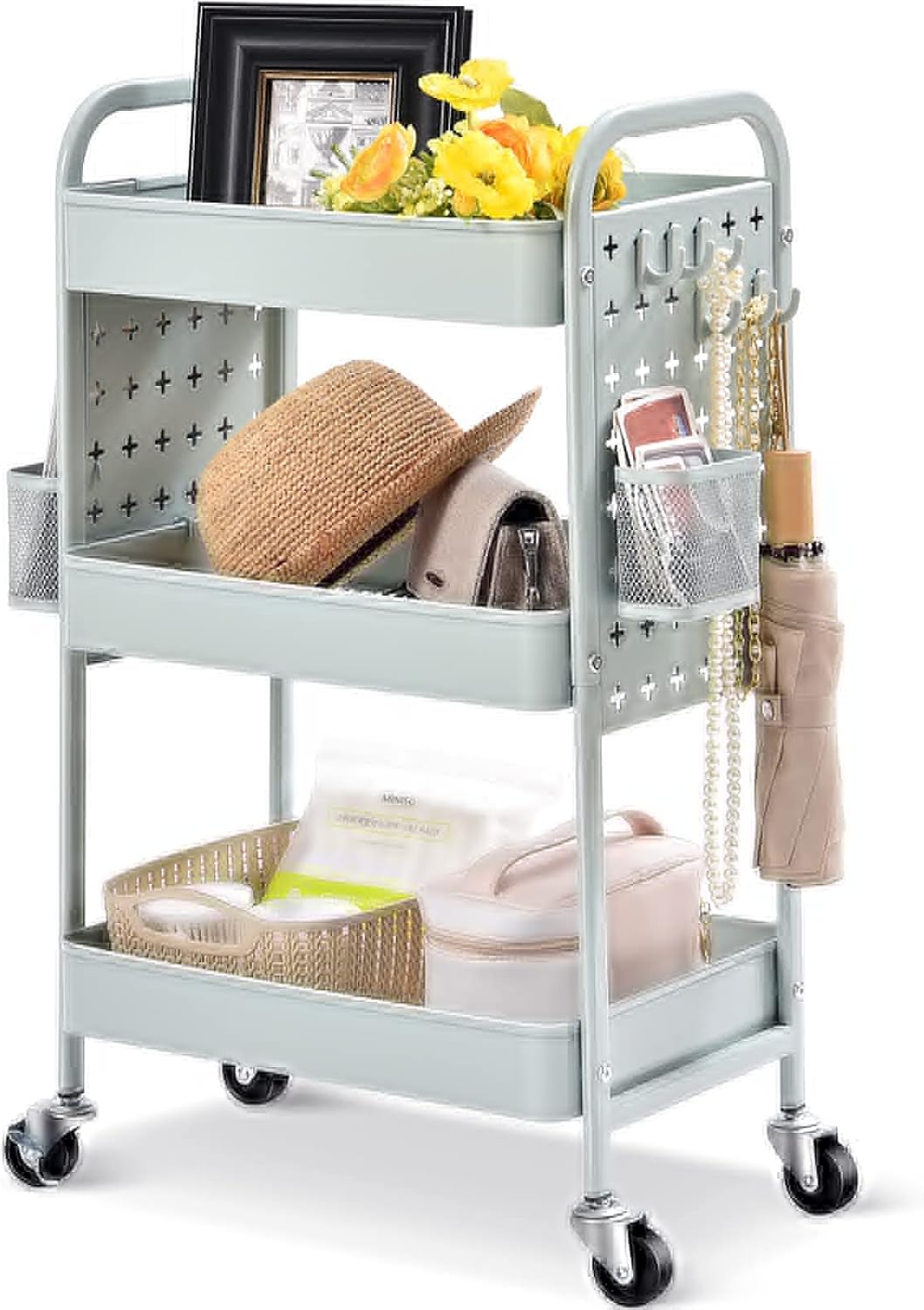 3-Tier Rolling Utility Storage Cart with Removable Baskets Hooks M581172