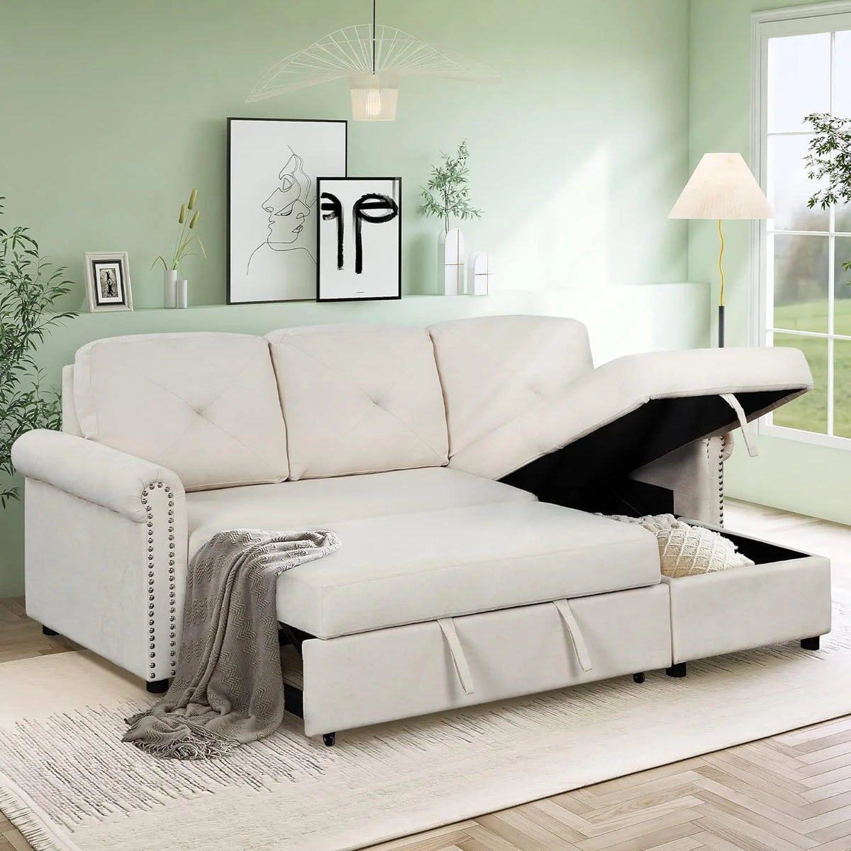 Beige L-Shape Convertible Sleeper Sofa Bed with Storage Chaise S293759