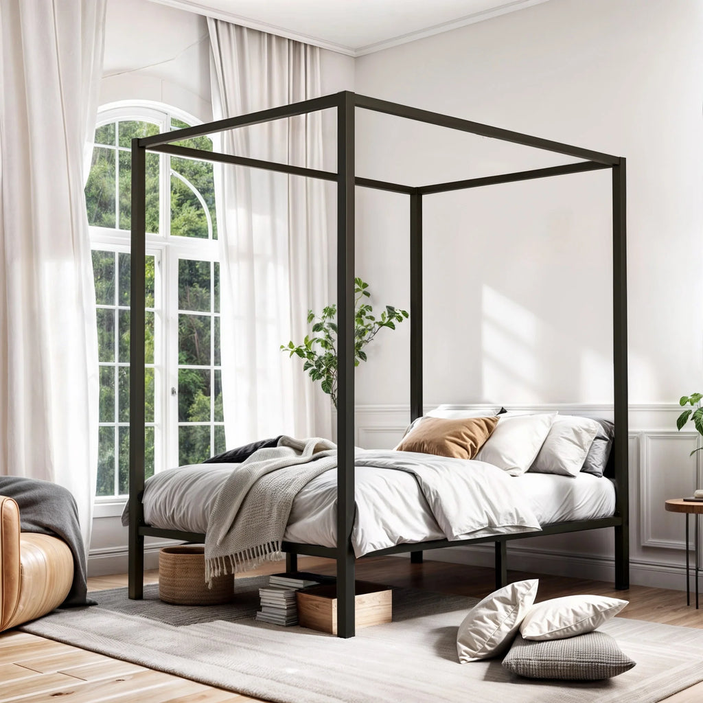 Queen Size Black Metal Canopy Bed Frame W352