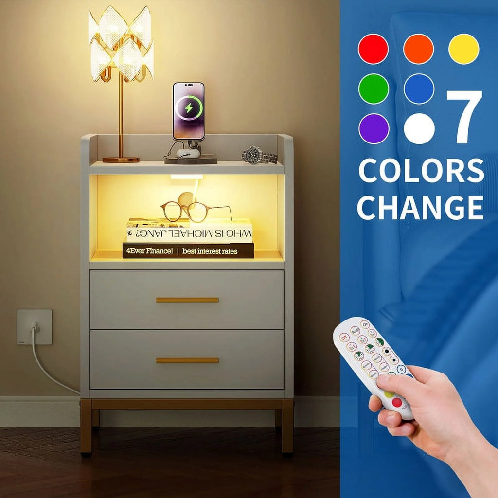 White Wooden Night Stand with Charging Station and Drawers G14334