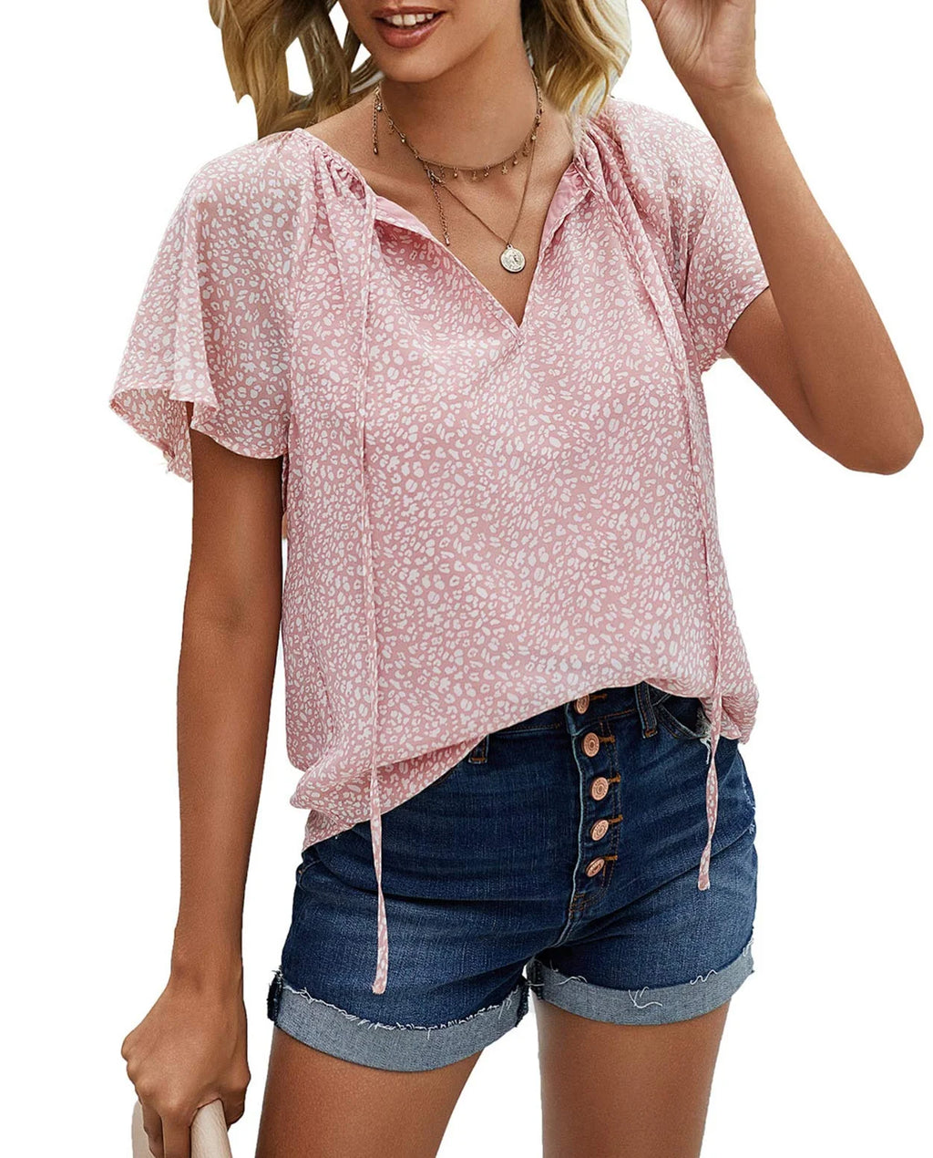 Floral Print V Neck Ruffle Short Sleeve Shirts H9627