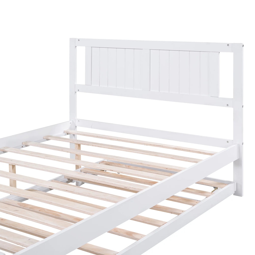 White Full Size Wood Platform Bed with Adjustable Trundle and Headboard A143