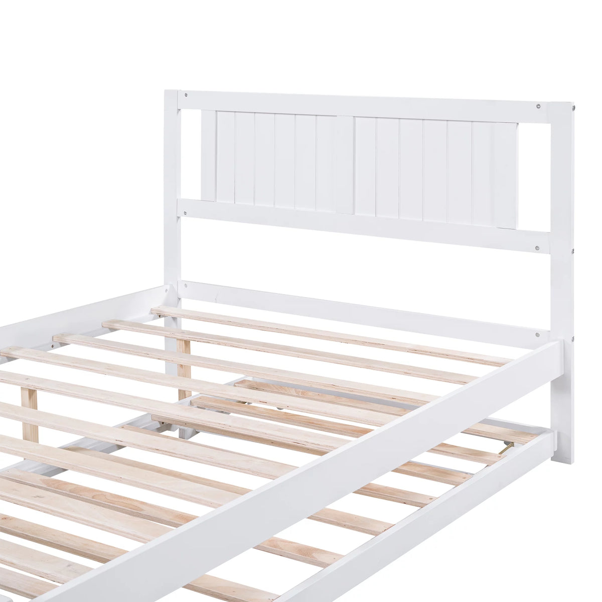 White Full Size Wood Platform Bed with Adjustable Trundle and Headboard A143