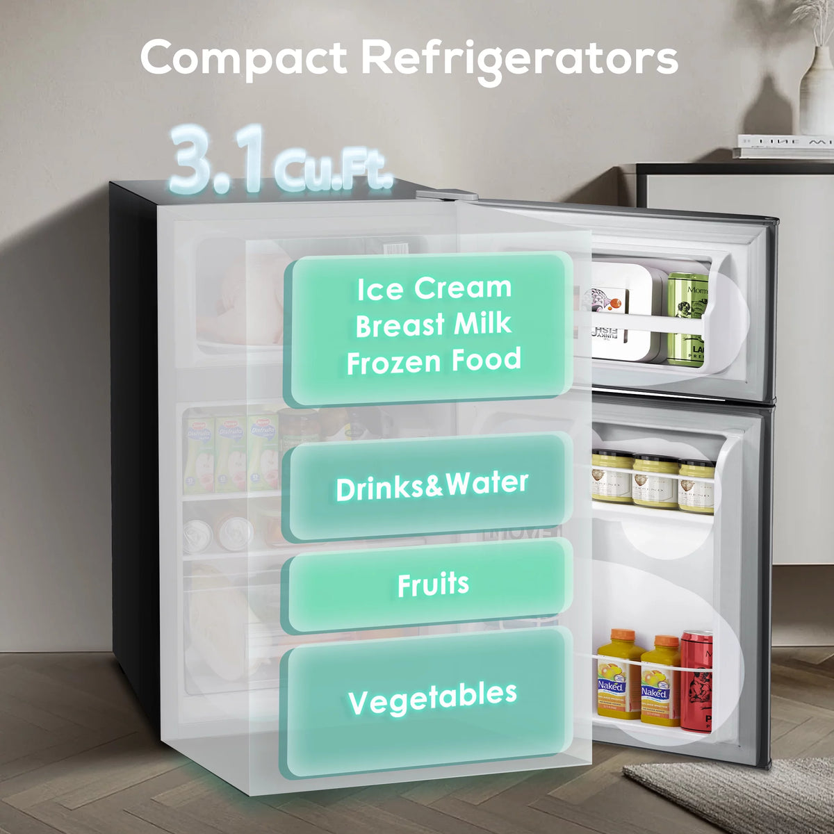 Mini Refrigerator 3.2Cu.Ft Compact Fridge 2-Double Doors with a Freezer E1552